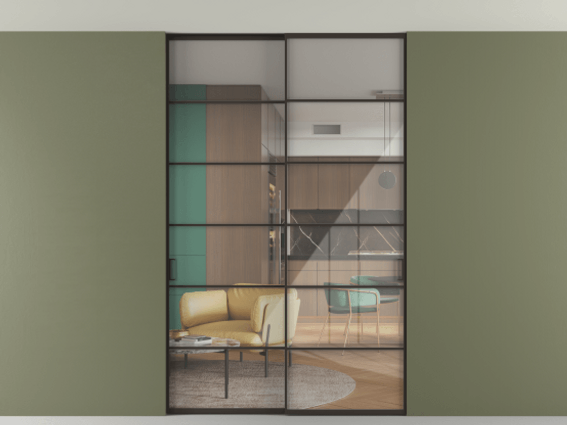 Перегородка Формато внутри проёма скрытое крепление в потолок 2 створки АЛПР 040.04 Алюминий антрацит Рефлективное прозрачное стекло "Стопсол", калёное Цена 16820 AZE | Volhovec