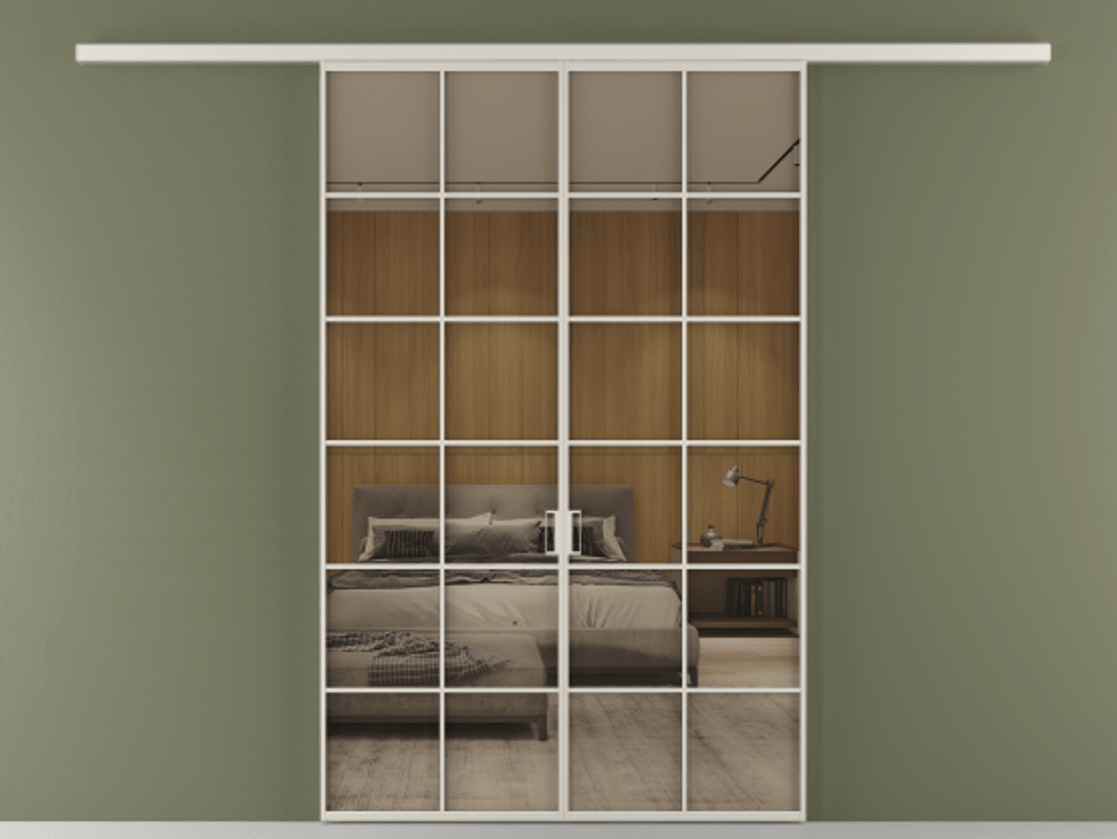 Перегородка Формато вдоль стены 2 створки АЛПР 040.05 Алюминий облачно-серый Рефлективное бронзовое стекло "Стопсол", калёное Цена 13790 AZE | Volhovec