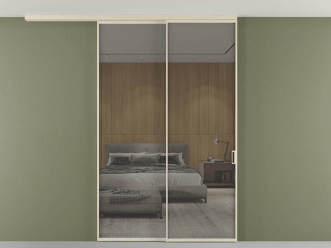 Перегородка Формато вдоль стены на потолок 2 створки с синхронным механизмом АЛПР 040.01 Алюминий бежево-серый Рефлективное серое стекло "Стопсол", калёное Цена 16430 AZE | Volhovec