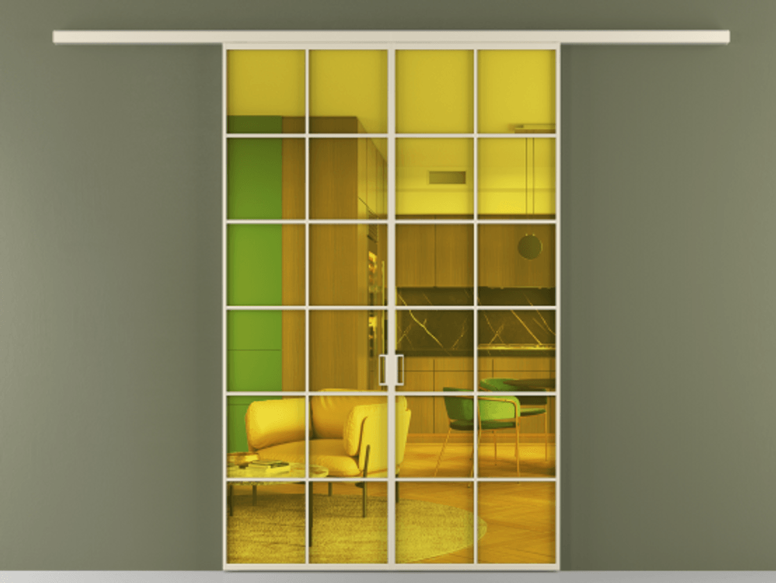 Перегородка Формато вдоль стены 2 створки АЛПР 040.05 Алюминий бежево-серый Прозрачное жёлтое стекло, триплекс Цена 10800 AZE | Volhovec