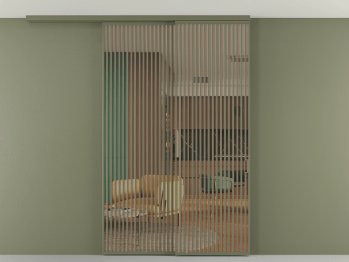 Перегородка Formato вдоль стены на потолок 2 створки с синхронным механизмом АЛПР 040.06 Алюминий оливковый тёмный Прозрачное оранжевое стекло, триплекс Цена 23500 AZE | Volhovec