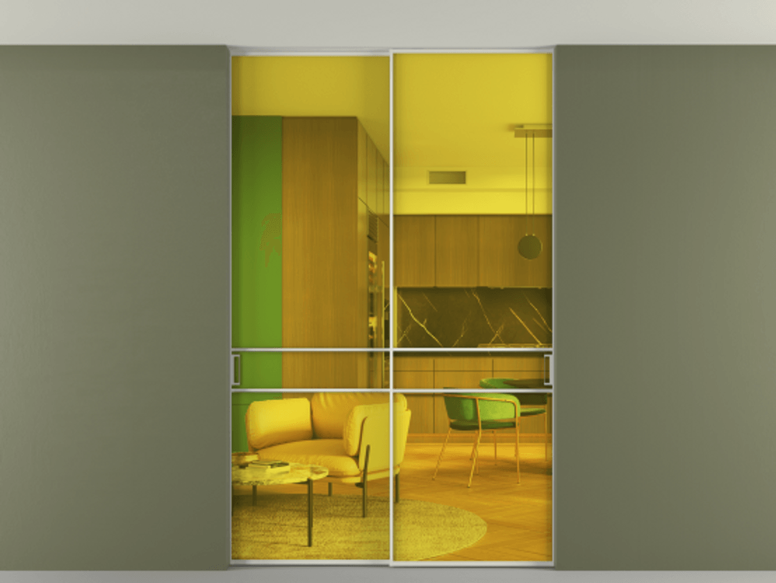 Перегородка Формато внутри проёма скрытое крепление в потолок 2 створки АЛПР 040.02 Алюминий Белый Прозрачное жёлтое стекло, триплекс Цена 12600 AZE | Volhovec