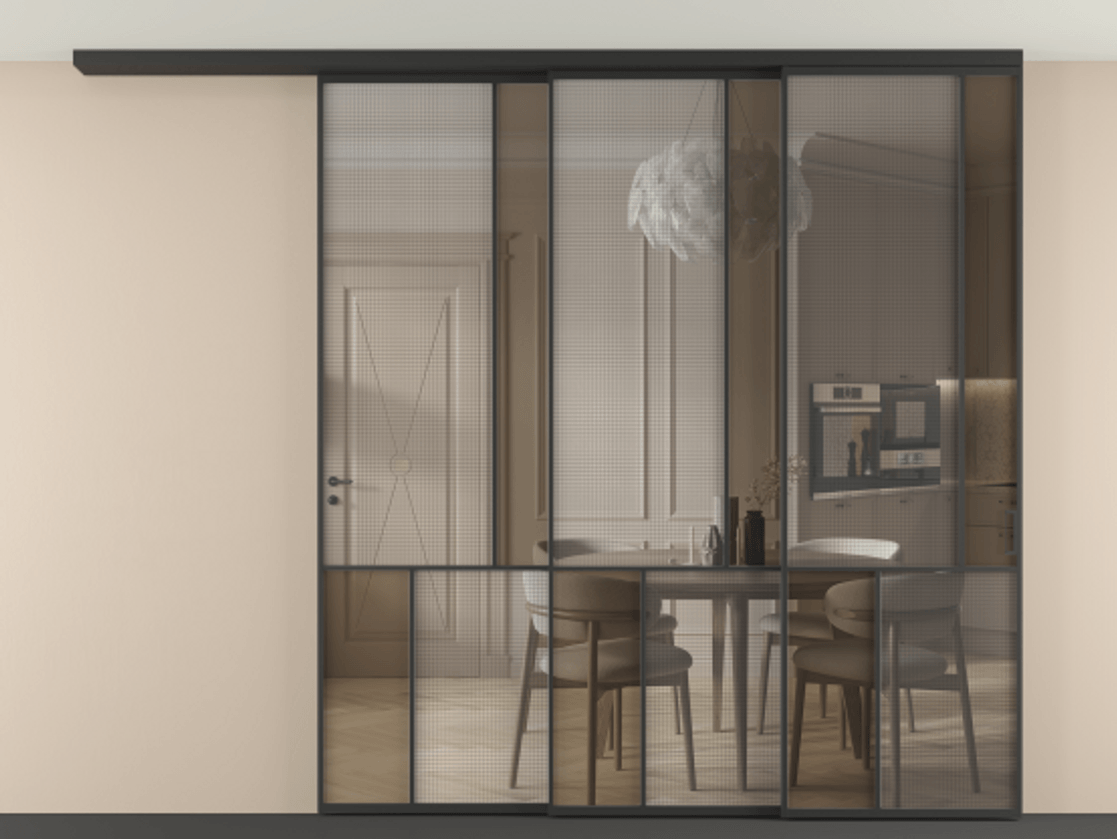 Перегородка Mosaic вдоль стены телескопик синхро 3 АЛПР 041.21 Алюминий Черный Декоративное стекло с сеткой "Mesh silver", триплекс, 6 мм + Прозрачное бронзовое стекло, триплекс, 6 мм. Скрытый короб ЧЕР Цена 678030 сом . Фабрика дверей Волховец 8 (800) 551 43 19 Перегородка Mosaic вдоль стены телескопик синхро 3 АЛПР 041.21 Алюминий Черный Декоративное стекло с сеткой "Mesh silver", триплекс, 6 мм + Прозрачное бронзовое стекло, триплекс, 6 мм Цена 678030 сом | Volhovec