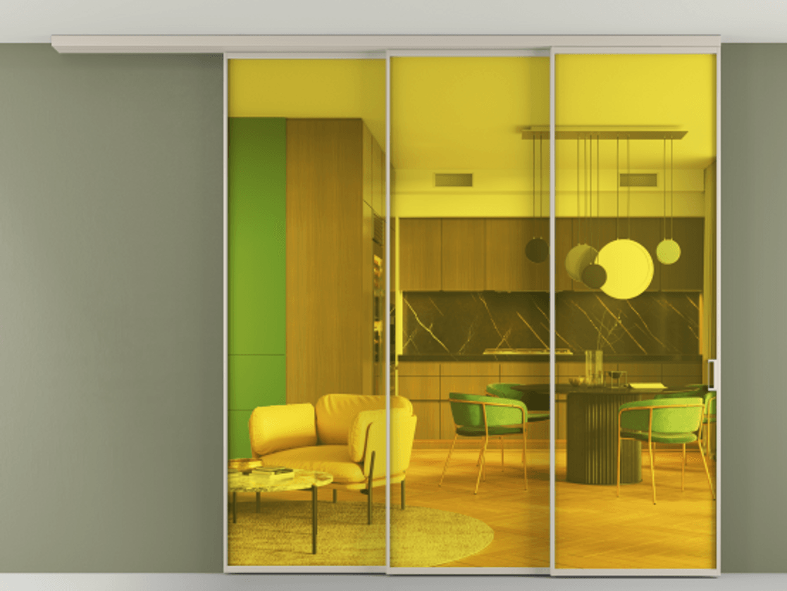 Перегородка Formato вдоль стены на потолок 3 створки с синхронным механизмом АЛПР 040.01 Алюминий светло-бежевый Прозрачное жёлтое стекло, триплекс Цена 19900 AZE | Volhovec