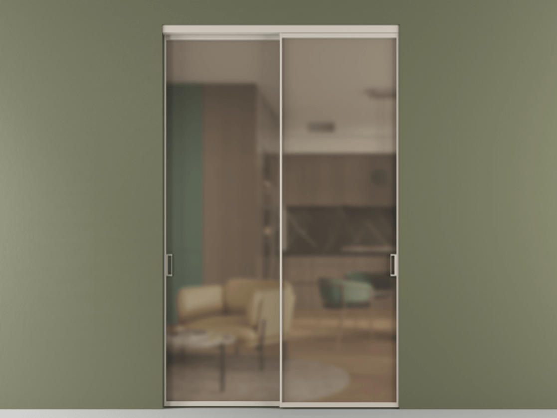 Перегородка Formato внутри проёма двустворчатая АЛПР 040.01 Алюминий светло-бежевый Сатинированное бронзовое стекло, триплекс, 6 мм Цена 9740 AZE  | Volhovec