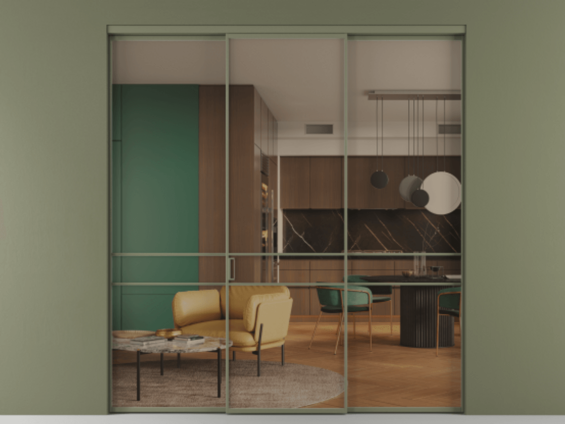 Перегородка Формато внутри проёма 3 створки АЛПР 040.02 Алюминий оливковый тёмный Прозрачное бронзовое стекло, триплекс Цена 12370 AZE | Volhovec