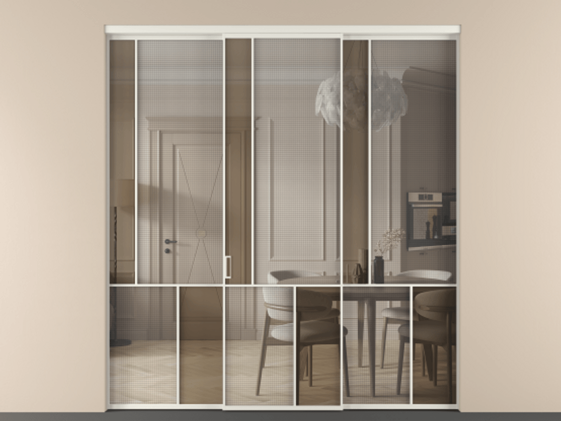 Перегородка Mosaic внутри проёма трёхстворчатая АЛПР 041.20 Алюминий Белый Mesh silver + Бронза прозрачное триплекс Цена 17240 AZE | Volhovec