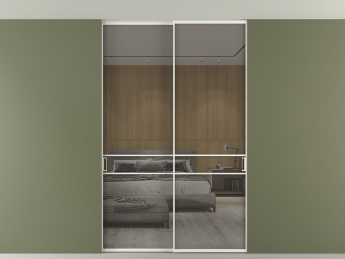 Перегородка Формато внутри проёма скрытое крепление в потолок 2 створки АЛПР 040.02 Алюминий светло-серый Рефлективное серое стекло "Стопсол", калёное Цена 15930 AZE | Volhovec