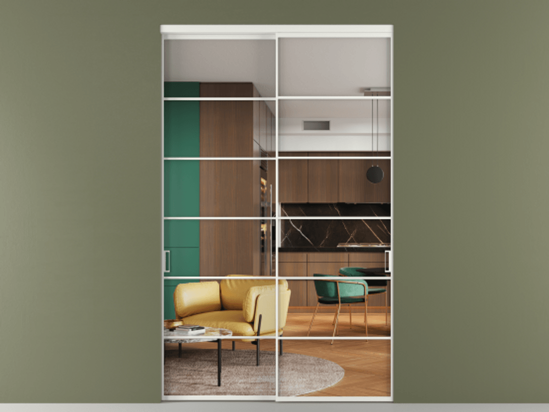 Перегородка Формато внутри проёма 2 створки АЛПР 040.04 Алюминий светло-серый Прозрачное стекло "Кристал Вижн", калёное Цена 25740 AZE  | Volhovec