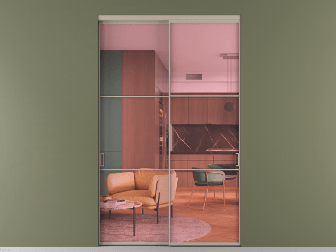 Перегородка Formato внутри проёма 2 створки АЛПР 040.03 Алюминий бисквитный Прозрачное розовое стекло, триплекс Цена 24100 AZE  | Volhovec