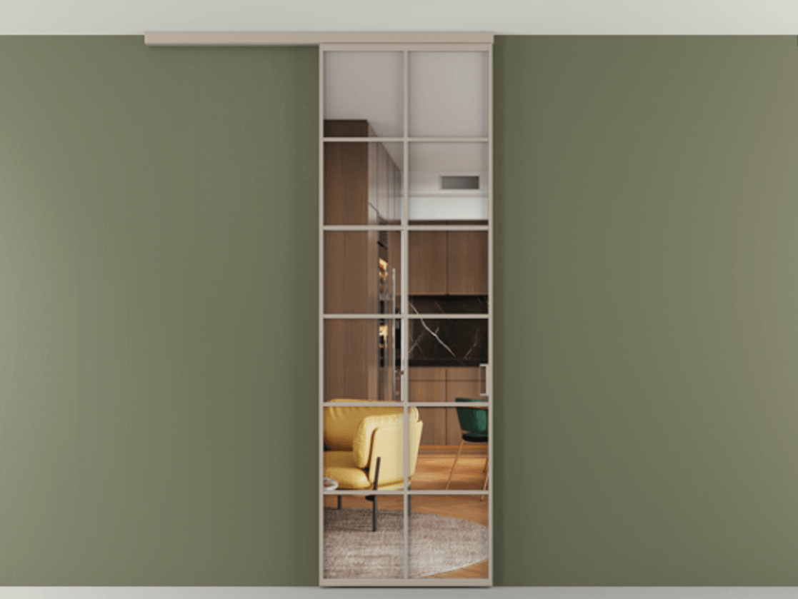 Перегородка Формато вдоль стены на потолок 1 створка АЛПР 040.05 Алюминий бисквитный Прозрачное стекло "Кристал Вижн", калёное Цена 6990 AZE | Volhovec