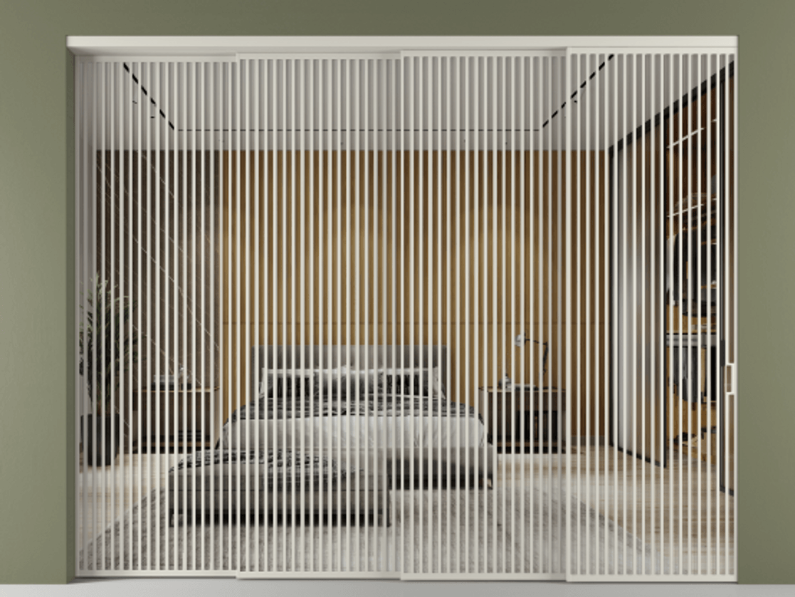 Перегородка Формато внутри проёма 4 створки с синхронным механизмом АЛПР 040.06 Алюминий тёплый серый Двустороннее зеркало, триплекс , триплекс 6 мм Цена 40520 AZE | Volhovec