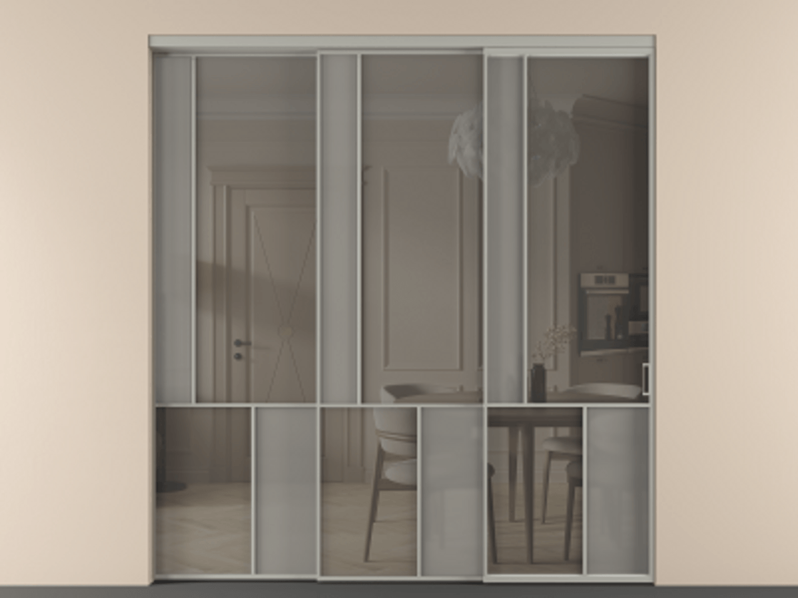 Перегородка Mosaic внутри проёма 3 створки с синхронным механизмом АЛПР 041.20  Алюминий нейтральный серый Сатинированное серое стекло, триплекс, 6 мм + Прозрачное серое стекло, триплекс Цена 22800 AZE | Volhovec