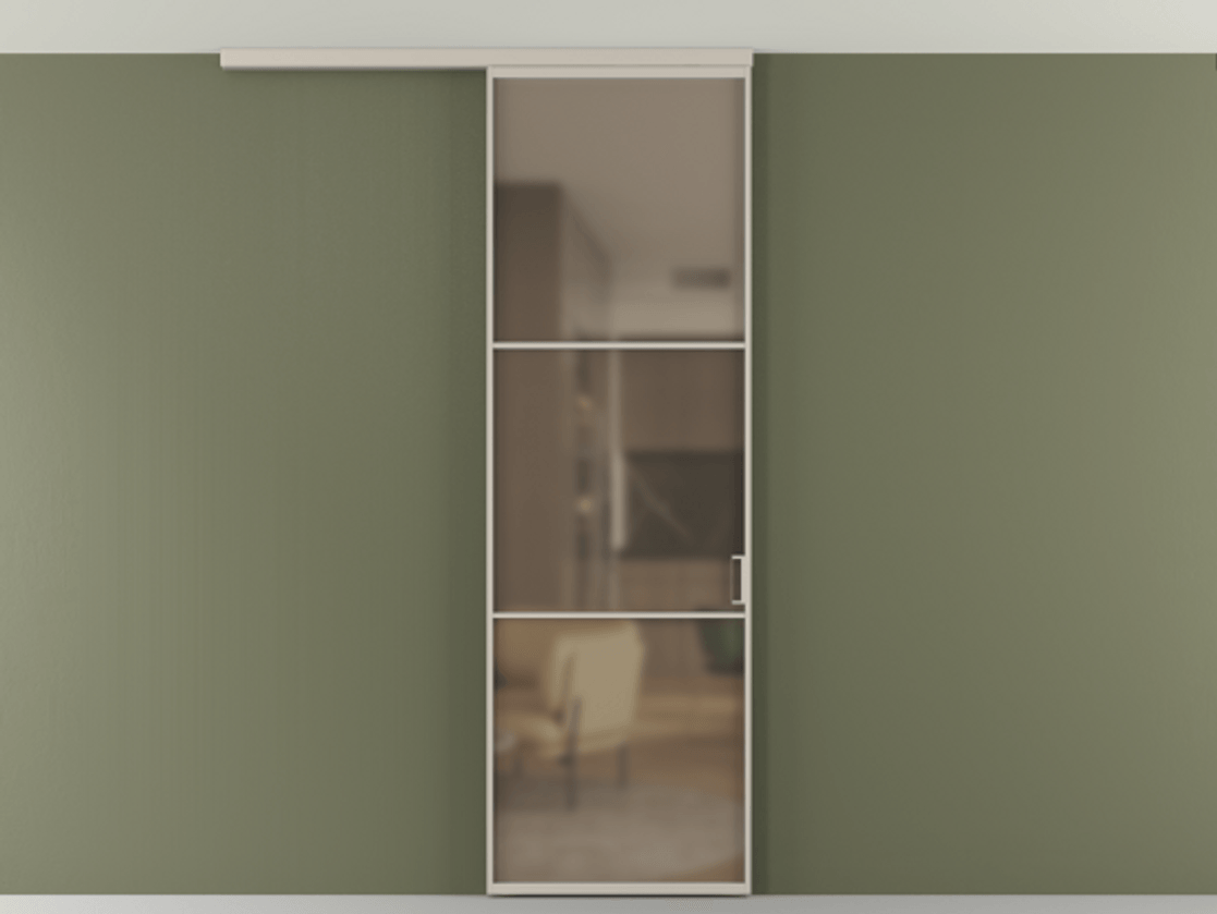 Перегородка Формато вдоль стены на потолок 1 створка АЛПР 040.03 Алюминий светло-бежевый Сатинированное бронзовое стекло, триплекс Цена 5260 AZE | Volhovec