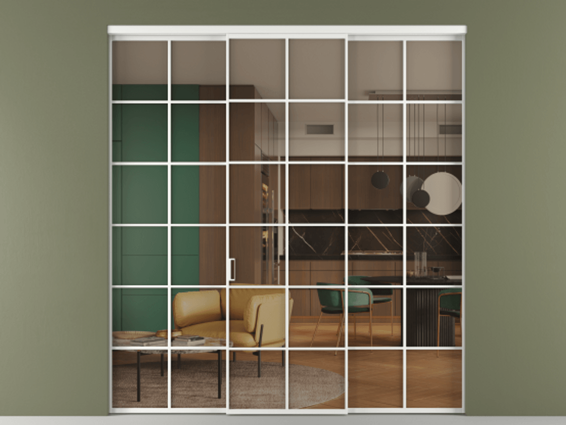 Перегородка Формато внутри проёма 3 створки АЛПР 040.05 Алюминий белоснежный Прозрачное бронзовое стекло, триплекс Цена 13280 AZE | Volhovec