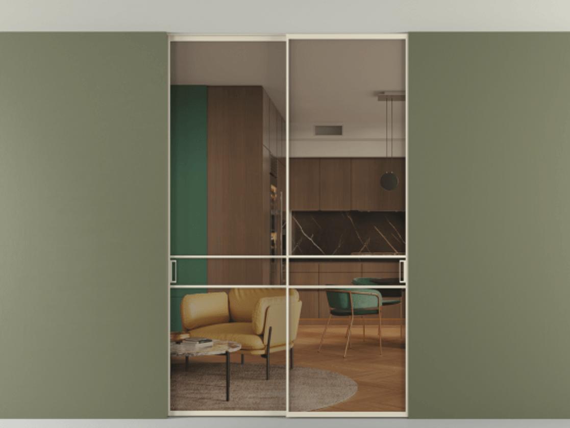 Перегородка Формато внутри проёма скрытое крепление в потолок 2 створки АЛПР 040.02 Алюминий бежево-серый Прозрачное бронзовое стекло, триплекс Цена 248215 ₽ | Volhovec