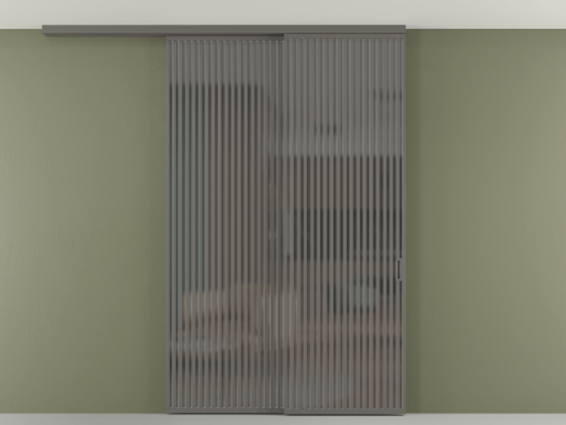 Перегородка Формато вдоль стены на потолок 2 створки с синхронным механизмом АЛПР 040.06 Алюминий классический серый Сатинированное серое стекло, триплекс Цена 23480 AZE | Volhovec