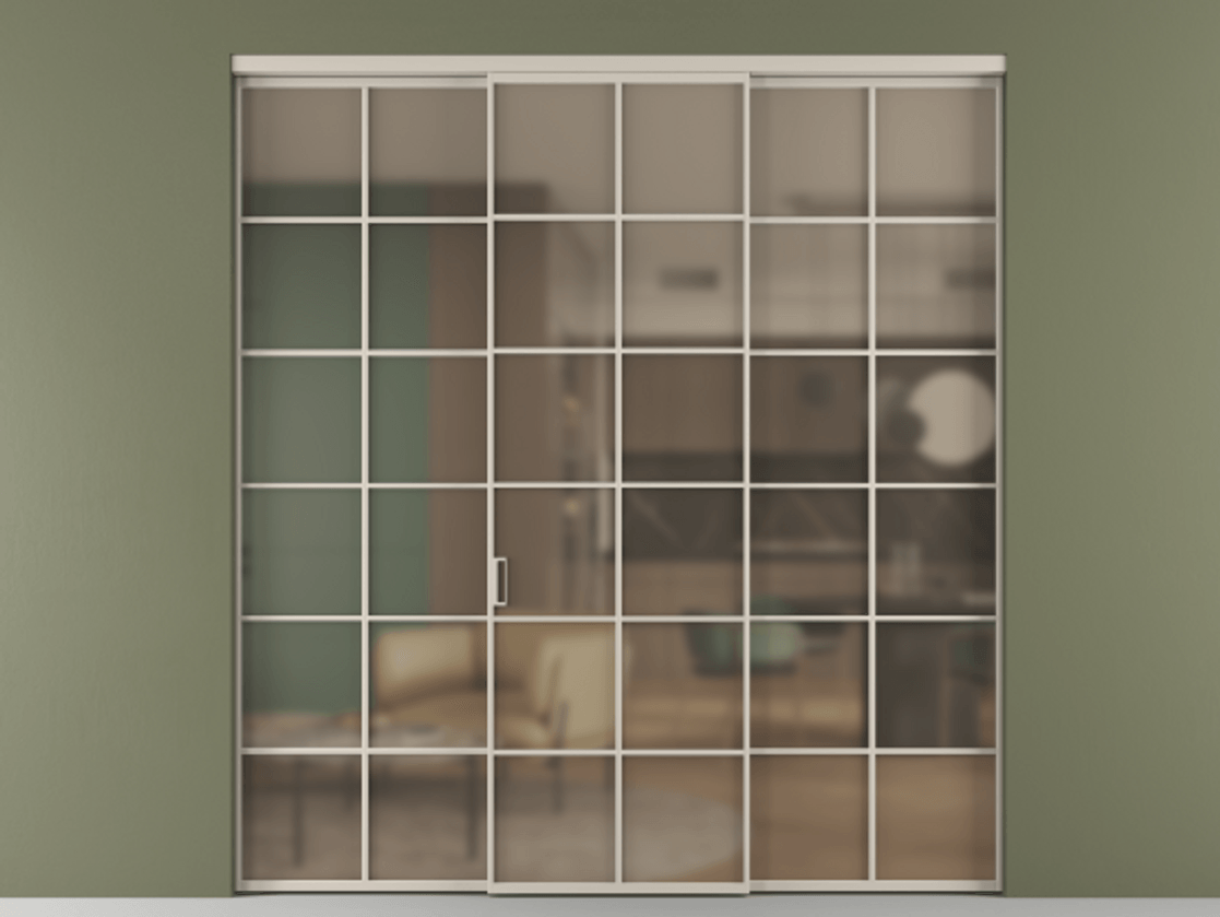 Перегородка Формато внутри проёма 3 створки АЛПР 040.05 Алюминий светло-бежевый Сатинированное бронзовое стекло, триплекс Цена 13280 AZE | Volhovec