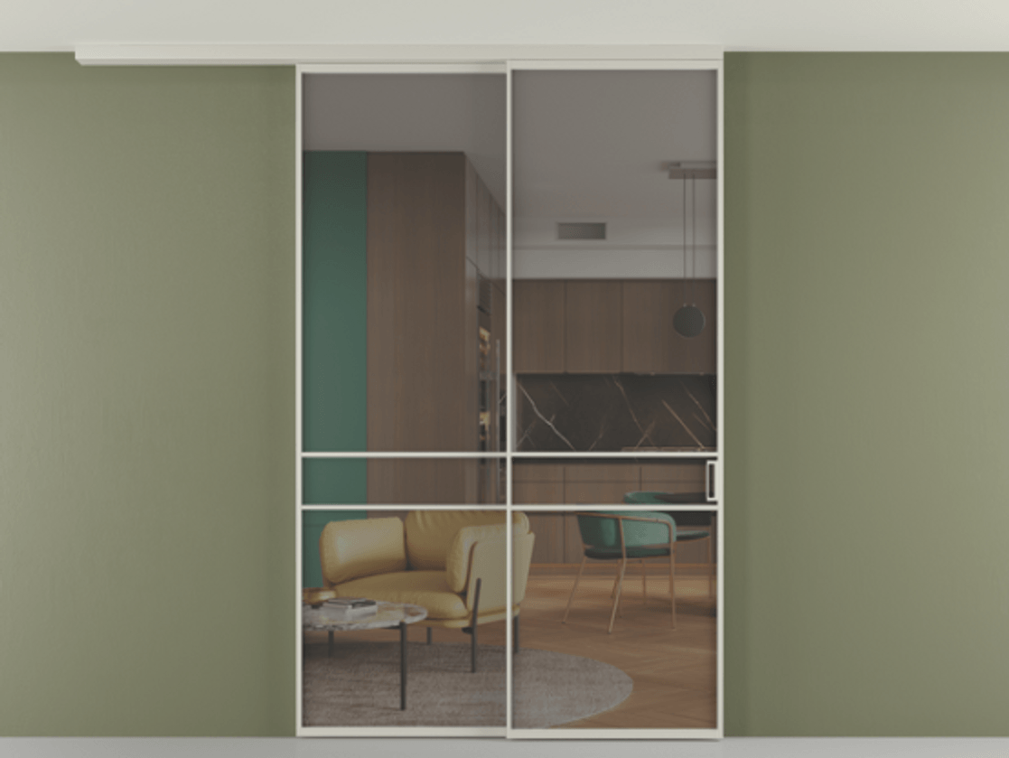 Перегородка Формато вдоль стены на потолок 2 створки с синхронным механизмом АЛПР 040.02 Алюминий тёплый серый Прозрачное серое стекло, триплекс Цена 16210 AZE | Volhovec