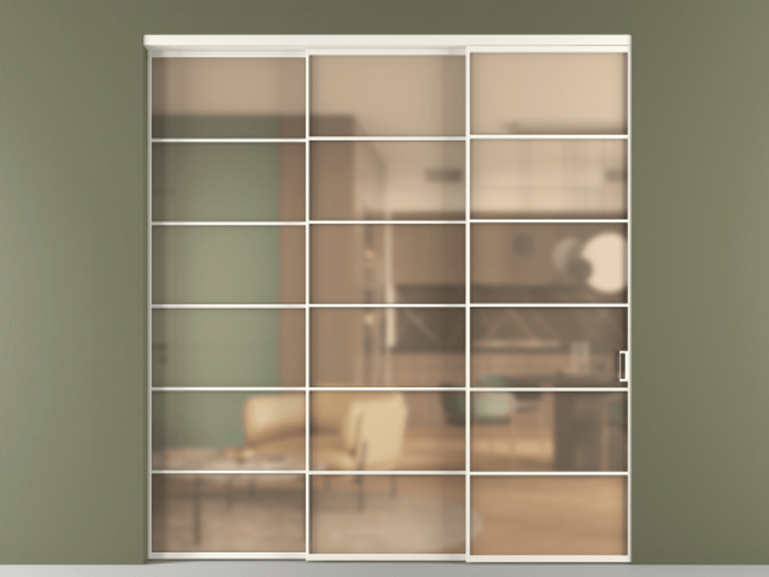 Перегородка Formato внутри проёма 3 створки с синхронным механизмом АЛПР 040.04 Алюминий пудровый белый Сатинированное оранжевое стекло, триплекс Цена 18900 AZE  | Volhovec