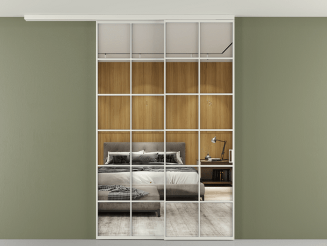 Перегородка Формато вдоль стены на потолок 2 створки с синхронным механизмом АЛПР 040.05 Алюминий серый Двустороннее зеркало, триплекс , триплекс 6 мм Цена 424720 сом | Volhovec