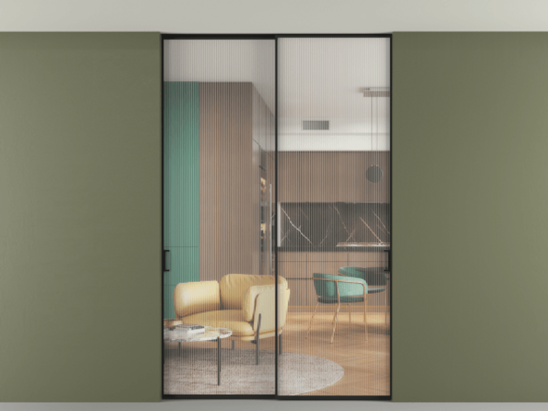 Перегородка Формато внутри проёма скрытое крепление в потолок 2 створки АЛПР 040.01 Алюминий Черный Рифлёное стекло "Мору", триплекс Цена 12810 AZE | Volhovec