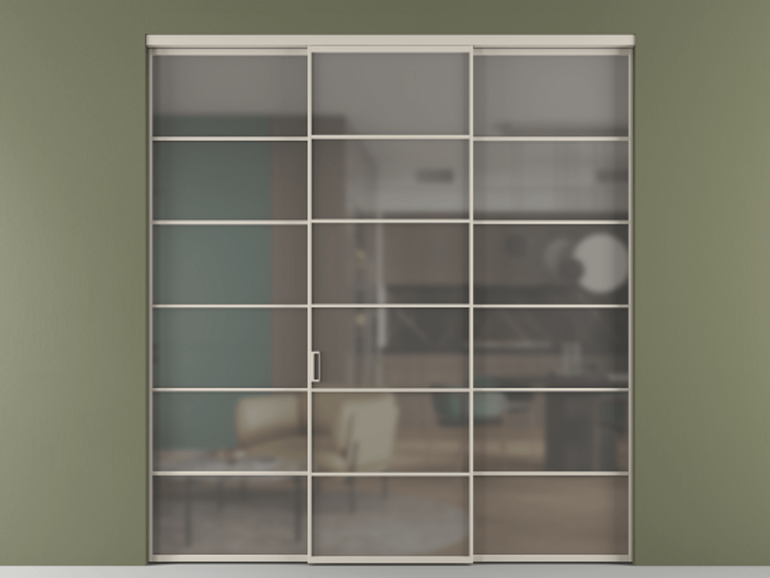 Перегородка Формато внутри проёма 3 створки АЛПР 040.04 Алюминий светло-бежевый Сатинированное серое стекло, триплекс Цена 13280 AZE | Volhovec