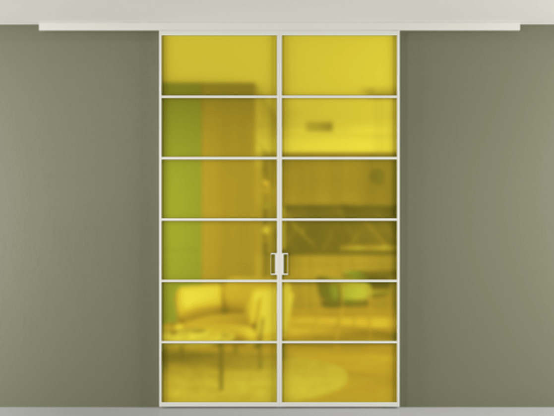 Перегородка Формато вдоль стены на потолок 2 створки АЛПР 040.04 Алюминий Белый Сатинированное жёлтое стекло, триплекс Цена 10000 AZE | Volhovec