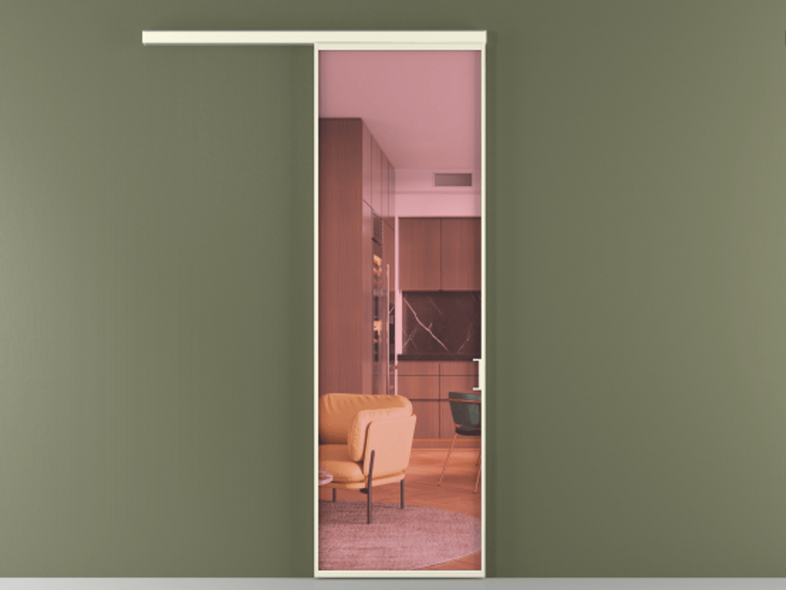 Перегородка Formato вдоль стены 1 створка АЛПР 040.01 Алюминий молочно-белый Прозрачное розовое стекло, триплекс Цена 5300 AZE  | Volhovec