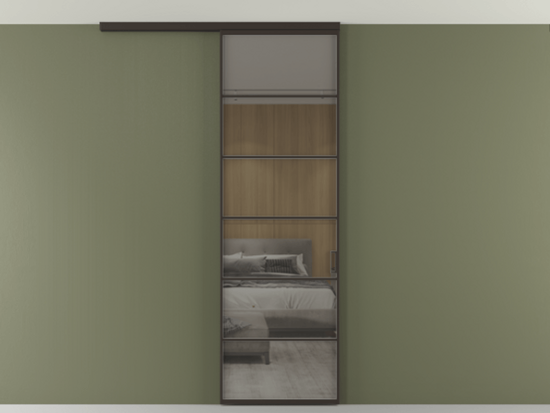 Перегородка Формато вдоль стены на потолок 1 створка АЛПР 040.04 Алюминий антрацит Рефлективное серое стекло "Стопсол", калёное Цена 5960 AZE | Volhovec