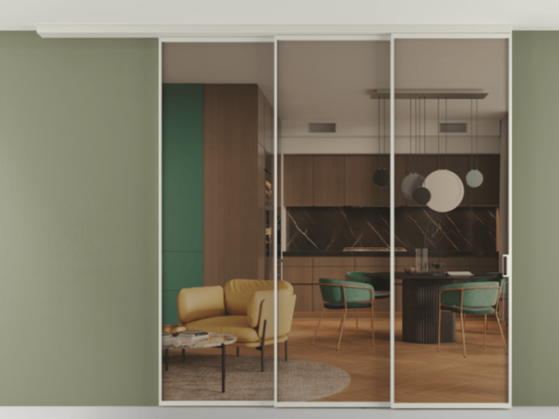 Перегородка Формато вдоль стены на потолок 3 створки с синхронным механизмом АЛПР 040.01 Алюминий тёплый серый Прозрачное бронзовое стекло, триплекс. Цена 19920 AZE 1. Полотно 2 шт. (800/2100 мм)
2. Комплект установки раздвижной системы
3. Базовый комплект фурнитуры
4.Ручка Рондо. Фабрика дверей Волховец 8 (800) 551 43 19 Перегородка Формато вдоль стены на потолок 3 створки с синхронным механизмом АЛПР 040.01 Алюминий тёплый серый Прозрачное бронзовое стекло, триплекс Цена 19920 AZE | Volhovec