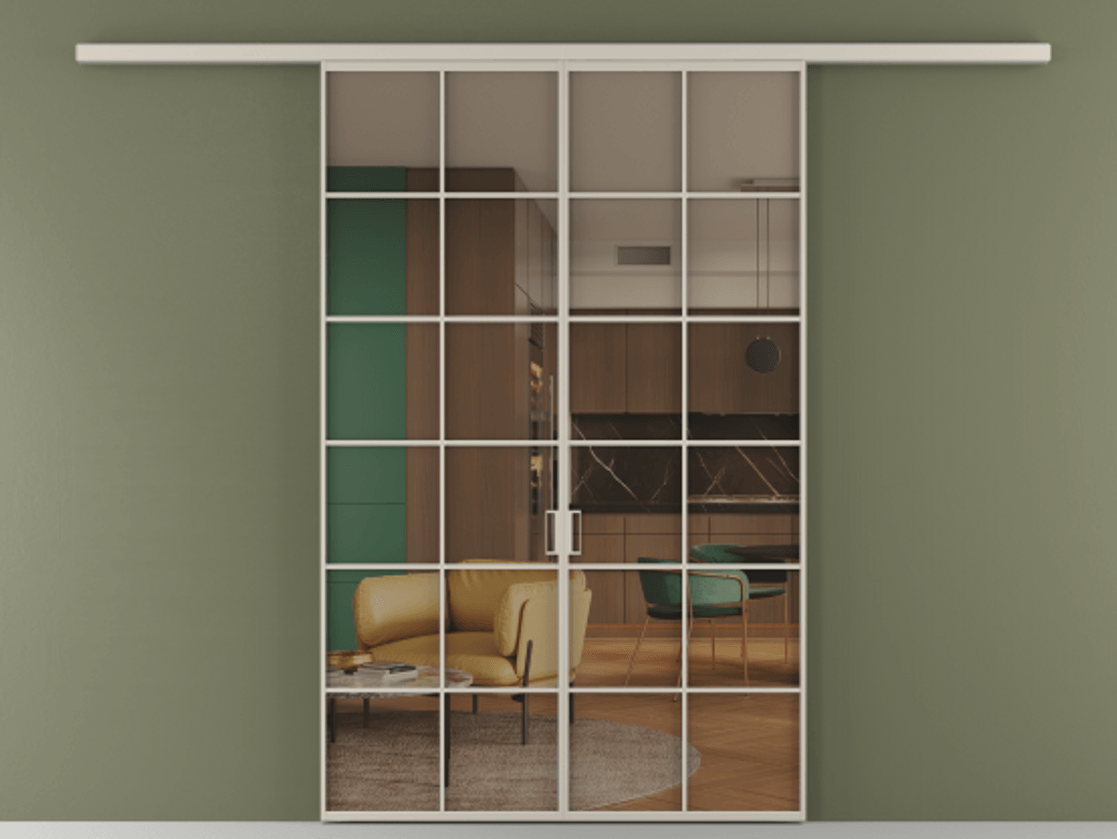 Перегородка Формато вдоль стены 2 створки АЛПР 040.05 Алюминий светло-бежевый Прозрачное бронзовое стекло, триплекс Цена 10800 AZE | Volhovec