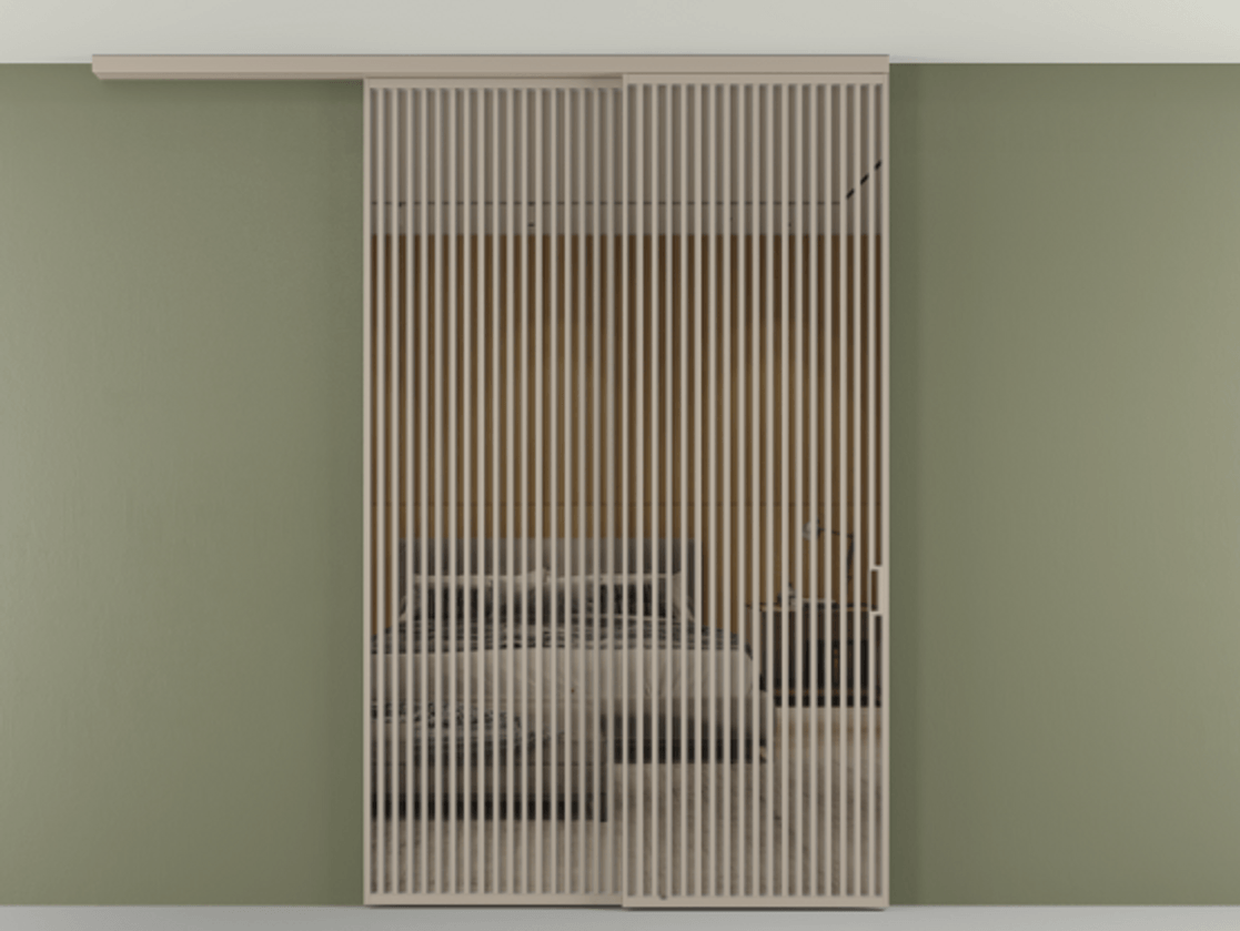 Перегородка Формато вдоль стены на потолок 2 створки с синхронным механизмом АЛПР 040.06 Алюминий бисквитный Рефлективное бронзовое стекло "Стопсол", калёное Цена 463256 ₽ | Volhovec