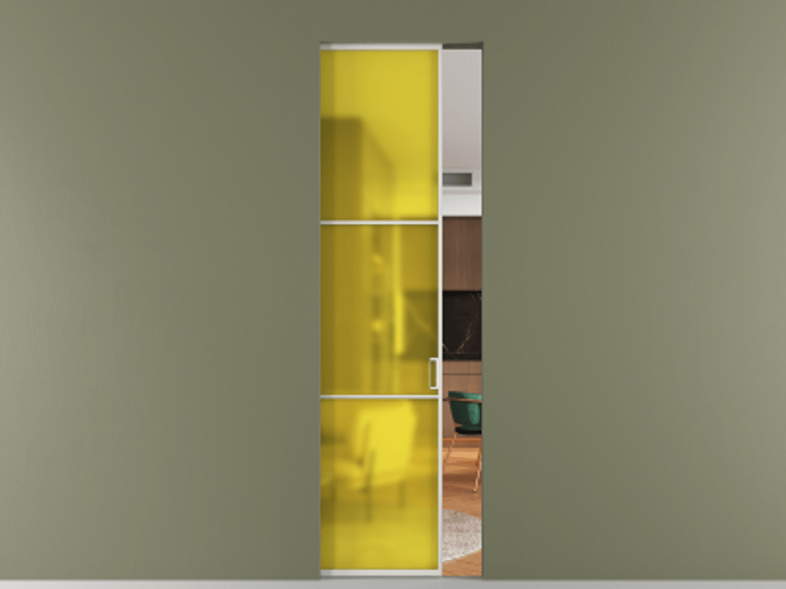 Перегородка Formato скрытый пенал 1 створка АЛПР 040.03 Алюминий Белый Сатинированное жёлтое стекло, триплекс Цена 7900 AZE | Volhovec