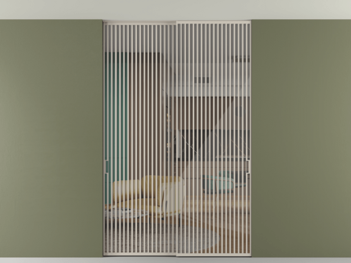 Перегородка Formato внутри проёма скрытое крепление в потолок 2 створки АЛПР 040.06 Алюминий светло-бежевый Рефлективное прозрачное стекло "Stopsol", калёное Цена 27160 AZE | Volhovec