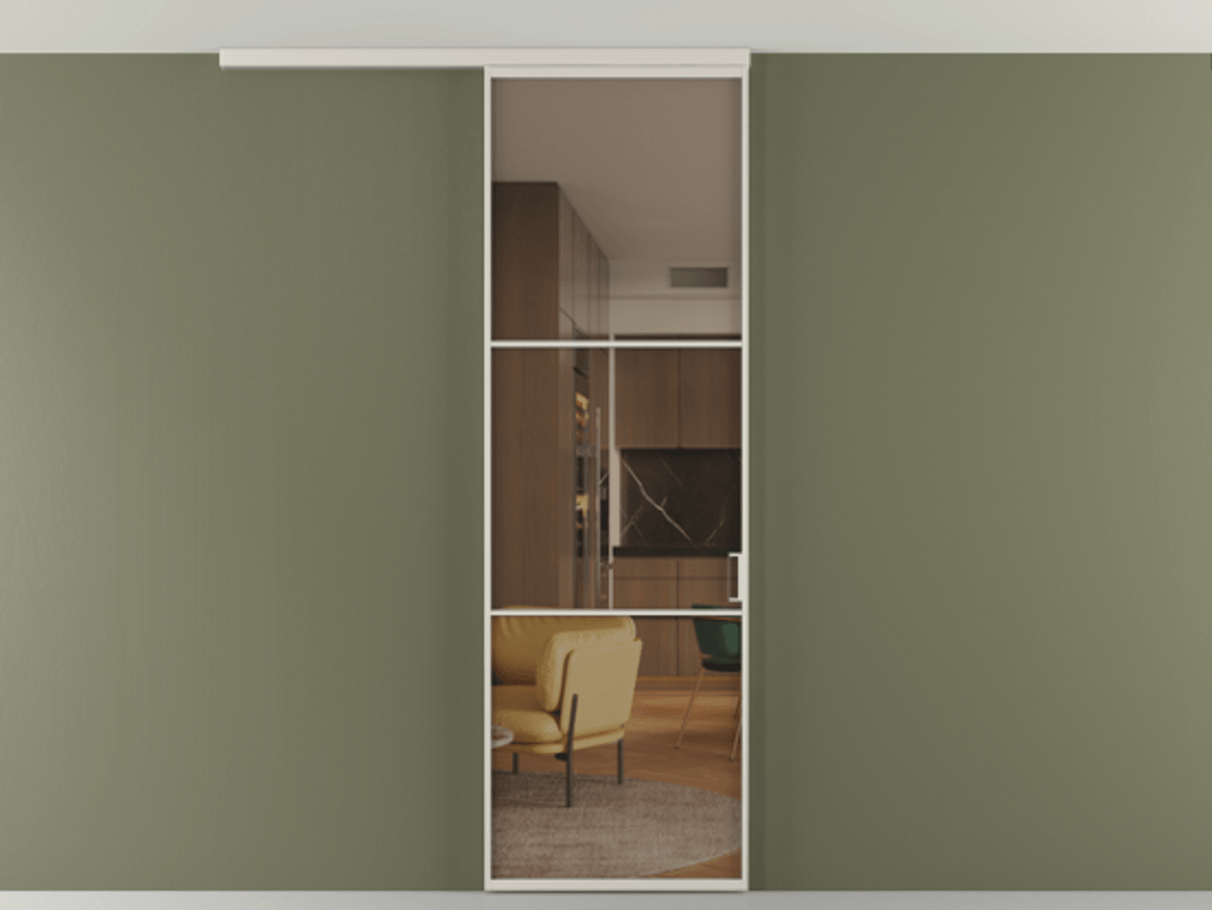 Перегородка Формато вдоль стены на потолок 1 створка АЛПР 040.03 Алюминий облачно-серый Прозрачное бронзовое стекло, триплекс Цена 5260 AZE | Volhovec