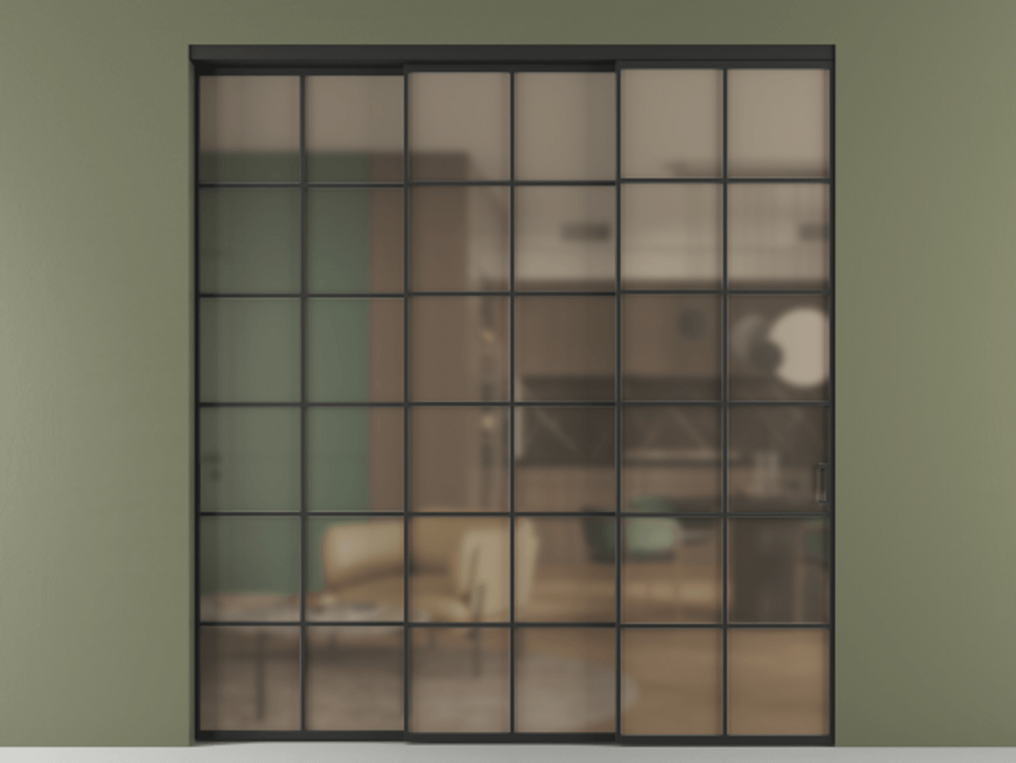 Перегородка Формато внутри проёма 3 створки с синхронным механизмом АЛПР 040.05 Алюминий Черный Сатинированное бронзовое стекло, триплекс Цена 18050 AZE  | Volhovec