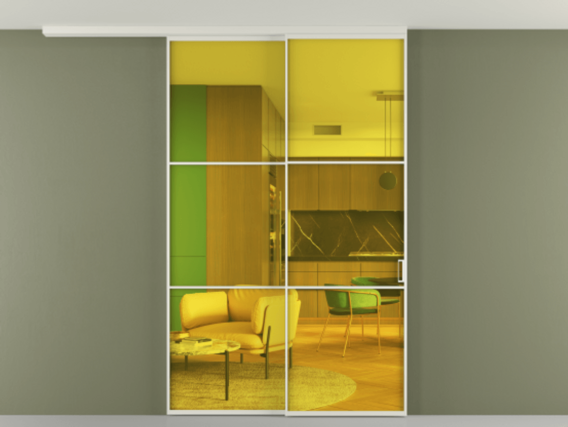 Перегородка Formato вдоль стены на потолок 2 створки с синхронным механизмом АЛПР 040.03 Алюминий Белый Прозрачное жёлтое стекло, триплекс Цена 13800 AZE | Volhovec