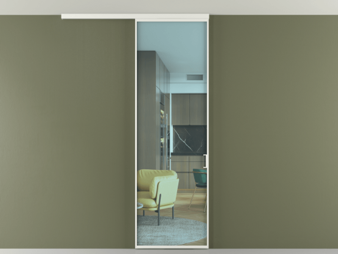 Перегородка Формато вдоль стены на потолок 1 створка АЛПР 040.01 Алюминий светло-серый Прозрачное голубое стекло, триплекс Цена 4800 AZE | Volhovec