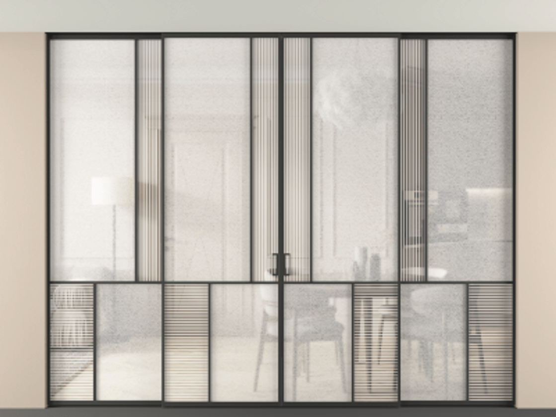 Перегородка Mosaic внутри проёма четырёхстворчатая со скрытым креплением в потолок АЛПР 041.20 Алюминий Черный Рифлёное стекло "Дюна", триплекс, 6 мм + Фактурное стекло "Лёд", триплекс, 6 мм Цена 29891 AZE | Volhovec