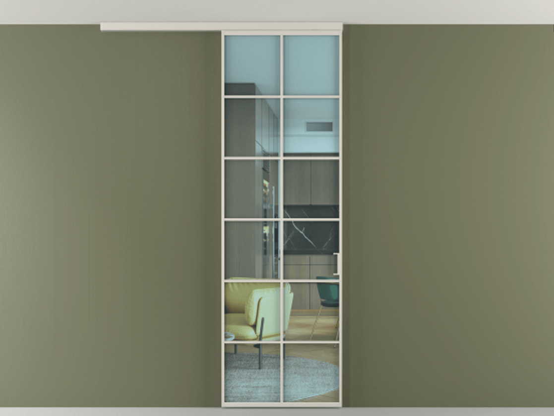 Перегородка Формато вдоль стены на потолок 1 створка АЛПР 040.05 Алюминий облачно-серый Прозрачное голубое стекло, триплекс Цена 5400 AZE | Volhovec