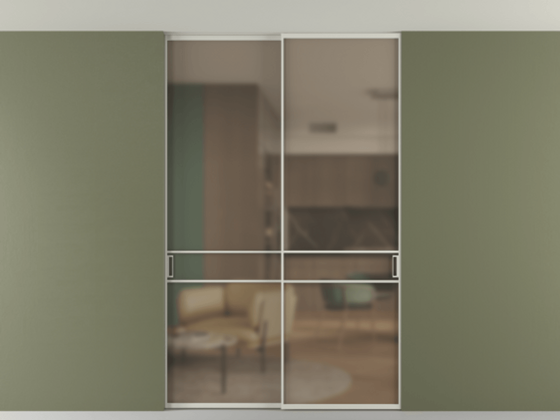 Перегородка Формато внутри проёма скрытое крепление в потолок 2 створки АЛПР 040.02 Алюминий тёплый серый Сатинированное бронзовое стекло, триплекс Цена 12940 AZE | Volhovec