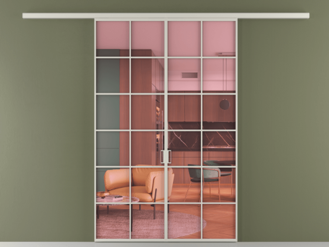 Перегородка Формато вдоль стены 2 створки АЛПР 040.05 Алюминий тёплый серый Прозрачное розовое стекло, триплекс Цена 10800 AZE | Volhovec