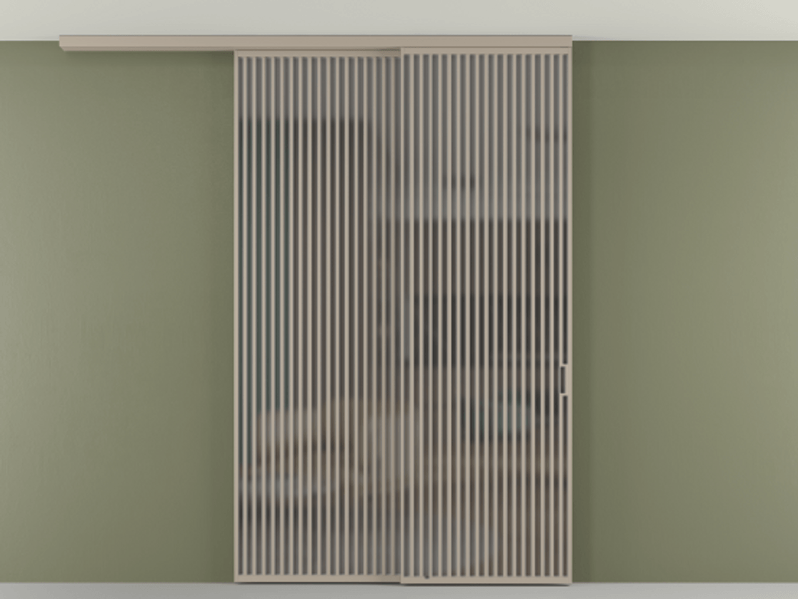 Перегородка Формато вдоль стены на потолок 2 створки с синхронным механизмом АЛПР 040.06 Алюминий бисквитный Сатинированное серое стекло, триплекс Цена 23480 AZE | Volhovec