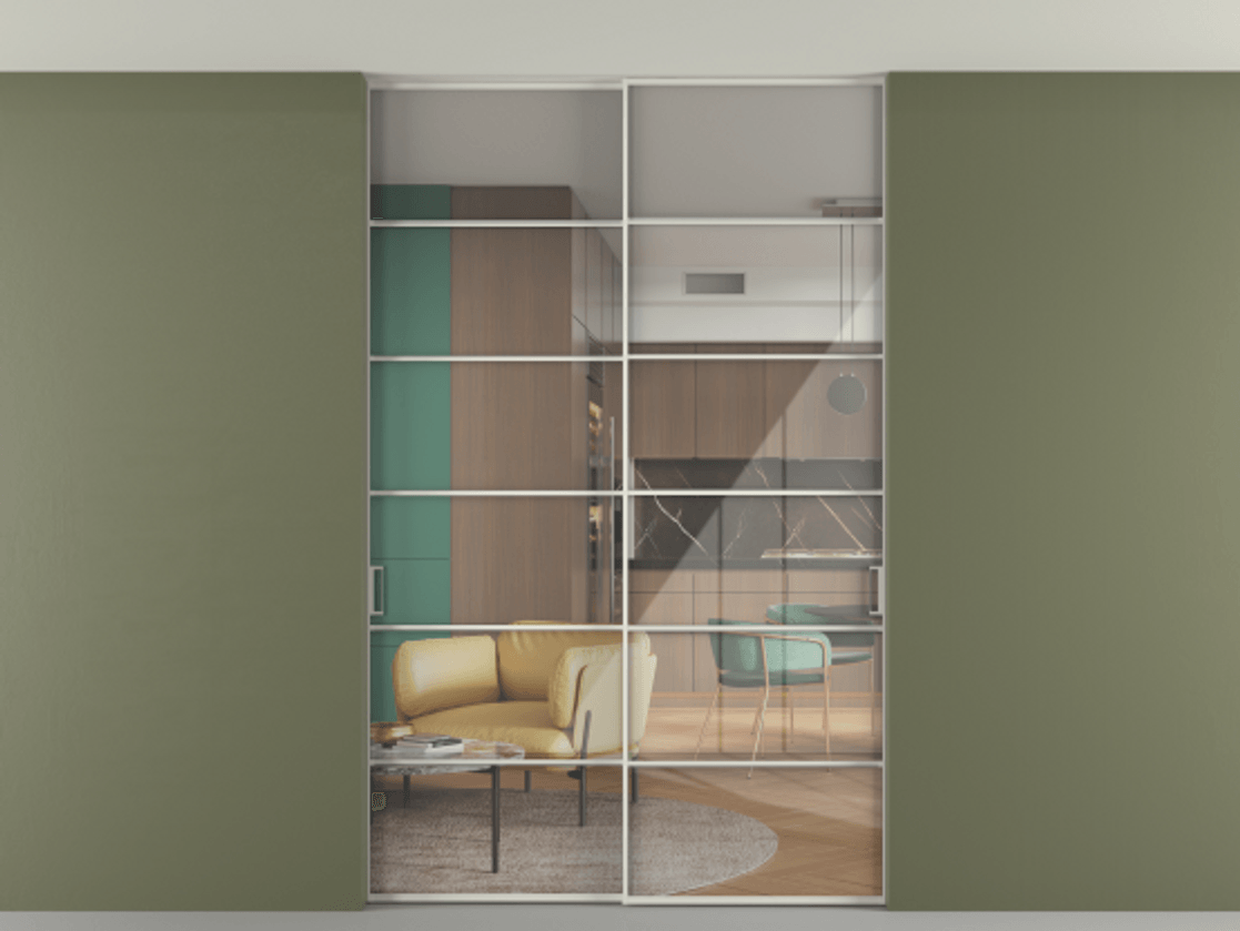 Перегородка Формато внутри проёма скрытое крепление в потолок 2 створки АЛПР 040.04 Алюминий Белый Рефлективное прозрачное стекло "Стопсол", калёное Цена 16361 AZE | Volhovec