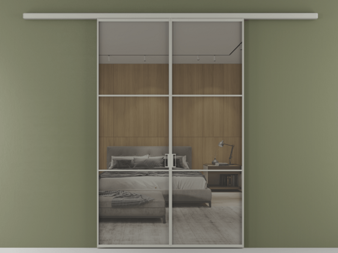 Перегородка Formato вдоль стены 2 створки АЛПР 040.03 Алюминий нейтральный серый Рефлективное серое стекло "Stopsol", калёное Цена 12980 AZE | Volhovec