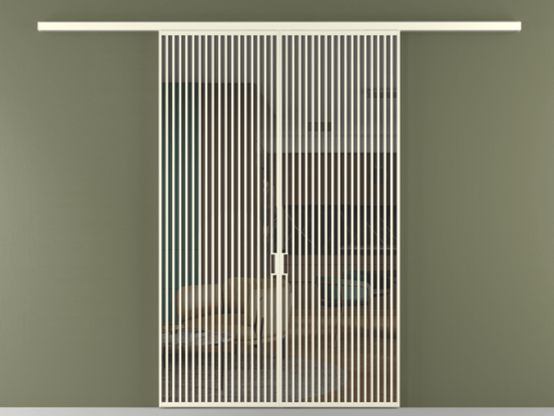 Перегородка Формато вдоль стены 2 створки АЛПР 040.06 Алюминий молочно-белый Прозрачное серое стекло, триплекс Цена 342450 ₽ | Volhovec