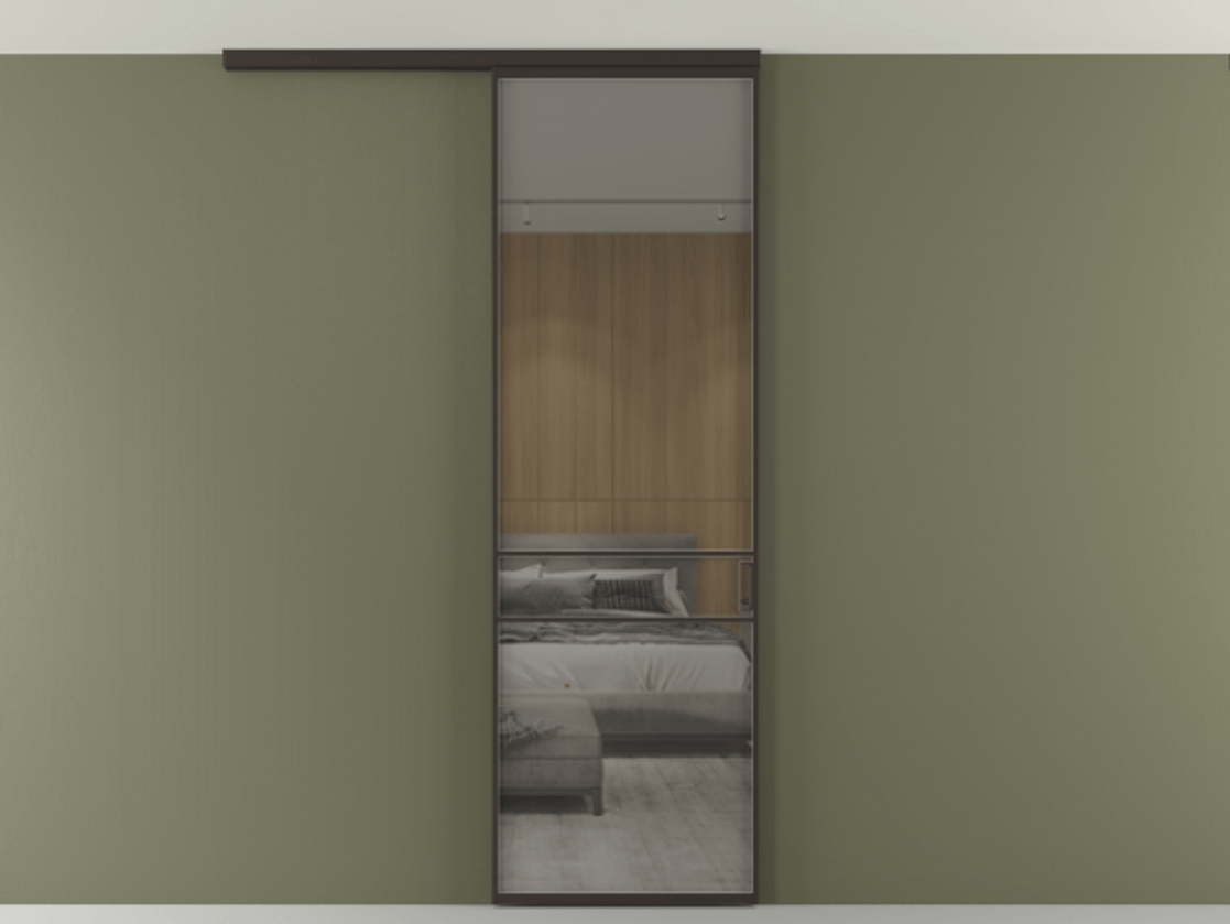 Перегородка Формато вдоль стены на потолок 1 створка АЛПР 040.02 Алюминий антрацит Рефлективное серое стекло "Стопсол", калёное Цена 6540 AZE | Volhovec