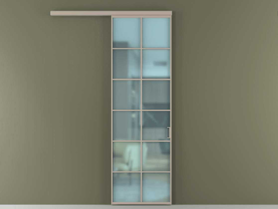 Перегородка Формато вдоль стены 1 створка АЛПР 040.05 Алюминий бисквитный Сатинированное голубое стекло, триплекс Цена 5900 AZE  | Volhovec