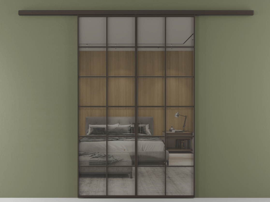 Перегородка Формато вдоль стены 2 створки АЛПР 040.05 Алюминий антрацит Рефлективное серое стекло "Стопсол", калёное Цена 13790 AZE | Volhovec